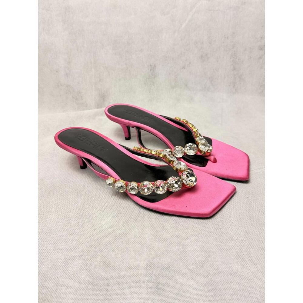 Versace Crystal Embellished Satin Thong Sandals Pink Kitten Heel SZ 36.5 US 6.5